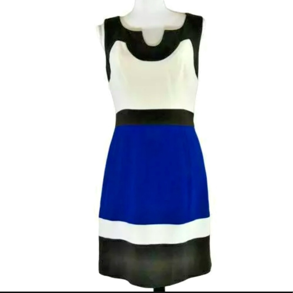 MILLY Colorblock Imara Dress, $475 NWT Ivory, Blue, Brown sz 12 - Picture 2 of 7